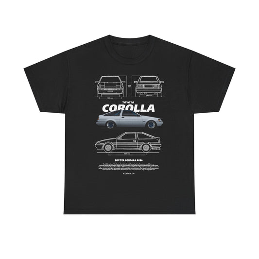 Elegant black men's T-shirt adorned with a meticulously crafted graphic of the renowned Toyota Corolla AE86, highlighting its classic silhouettes in a refined automotive aesthetic.
