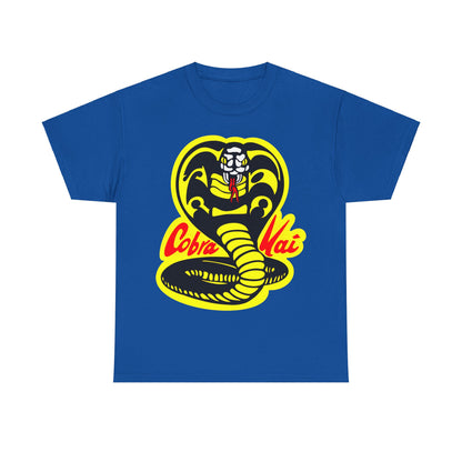 Cobra Kai Graffiti Graphic Unisex T-Shirt in royal blue, adorned with a striking Cobra Kai logo, perfect for luxurious casual fashion.