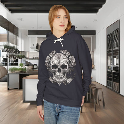 Unisex Lightweight Hooded Sweatshirt featuring a unique designer skull and roses design, modelled by a stylish individual in a modern kitchen setting.