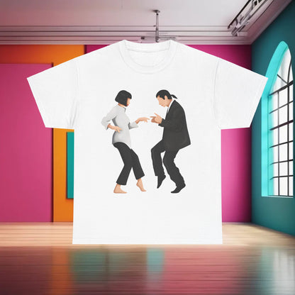 Pulp Fiction Graphic T-Shirt in white with a graphic of famous dancing characters, crafted for a high-end fashion statement.