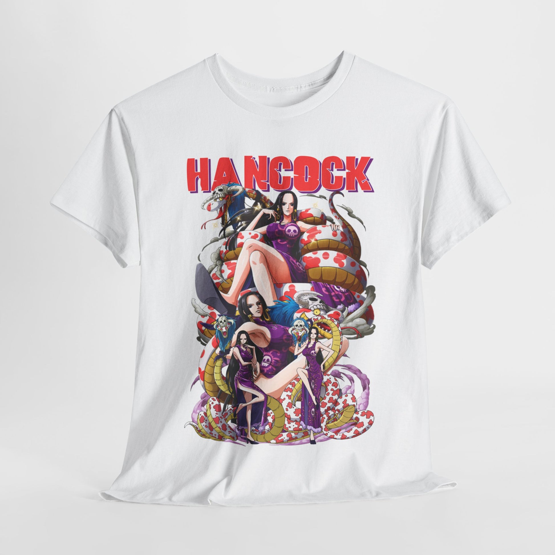 Elegant presentation of Hancock anime t-shirt laid flat to display intricate artwork and vibrant colours, emphasising its appeal to fashion-forward anime lovers.
