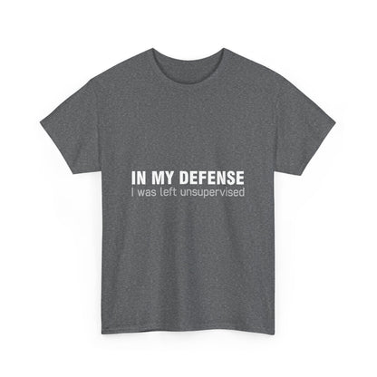 Front view of the striking grey heather graphic t-shirt featuring the words 'In My Defence I Was Left Unsupervised', combining humour and elegance for the modern wearer.
