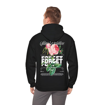 Refined black hoodie featuring a striking floral illustration on the back, combining motivational phrases with an artistic touch.
