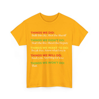 Front view of the Rock Anthems Tribute Unisex Cotton T-Shirt Graphic Tee in stunning yellow, displaying inspiring and playful rock-themed phrases.