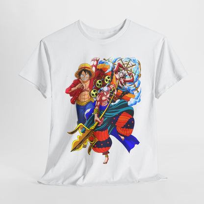 Epic anime-inspired men’s t-shirt featuring bold characters in dynamic poses, perfect for stylish fans of adventure.