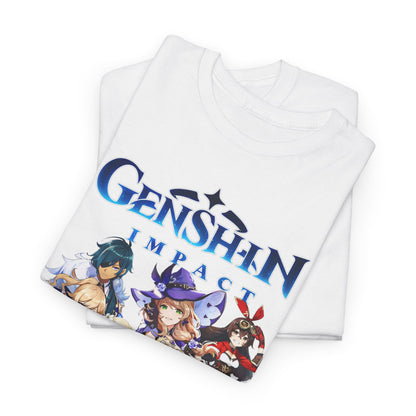 Folded premium Genshin Impact t-shirt displaying enchanting anime character artwork, ideal for collectors and enthusiasts of high-quality apparel.