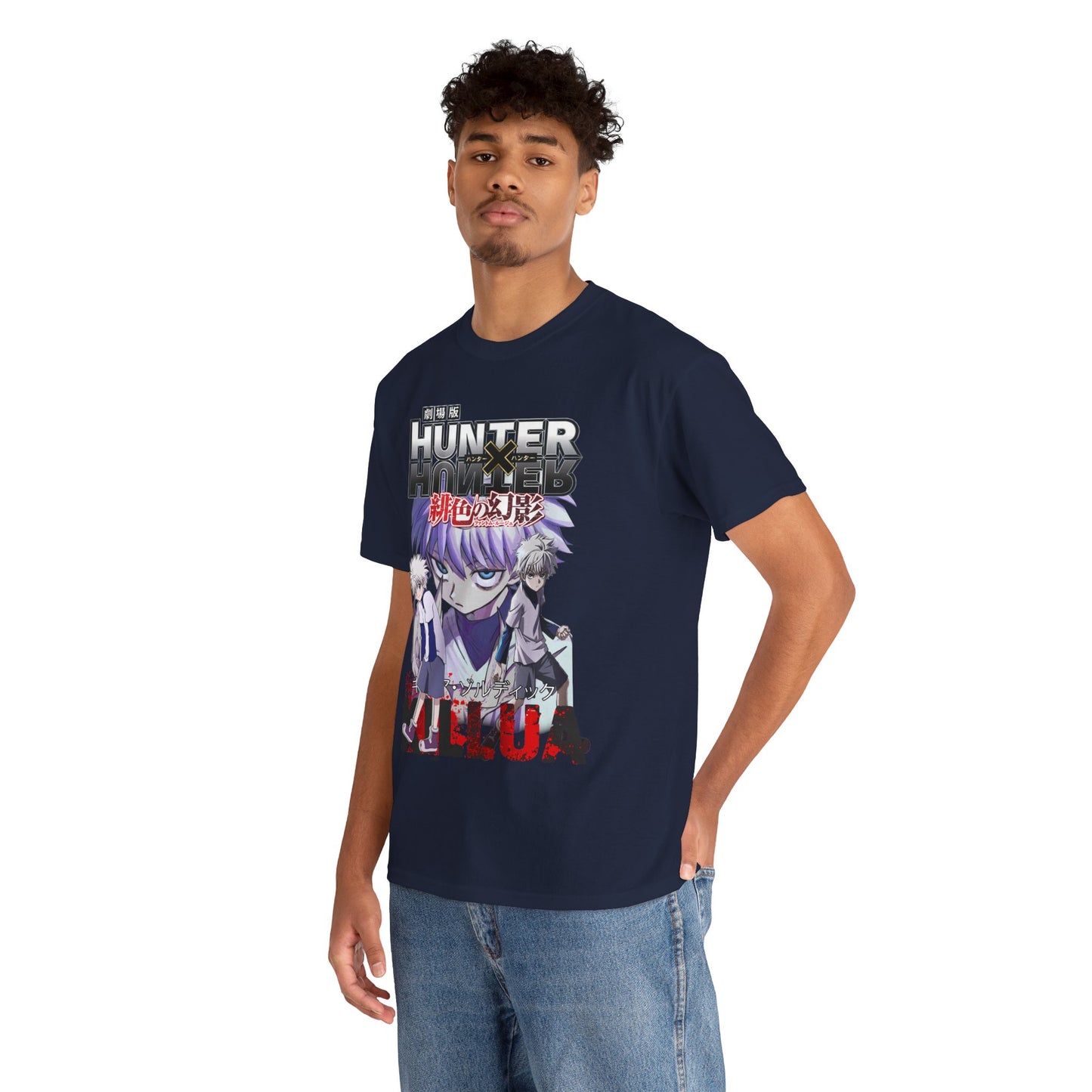 Man elegantly dressed in a navy blue Hunter x Hunter t-shirt featuring a bold graphic of Killua Zoldyck, exuding style and fandom sophistication.