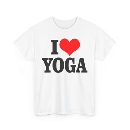 Chic white women's t-shirt displaying the vibrant 'I ❤️ YOGA' design, perfect for yoga enthusiasts and mindful lifestyles.
