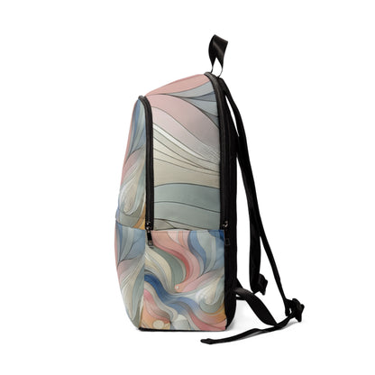 Sweat Harmony: Ultimate Fitness Challenge - Backpack, showcasing a stylish side view with a vibrant abstract design in pastel hues, exemplifying modern luxury and functionality.