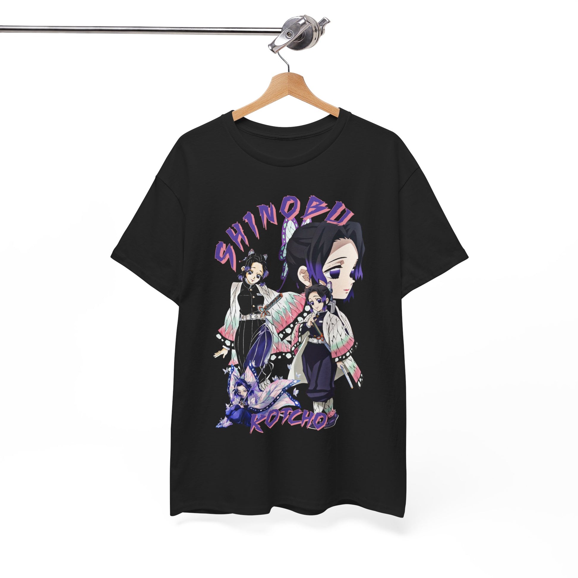 Luxurious black T-shirt featuring intricate anime artwork of Shinobu Kocho from Demon Slayer, highlighting her butterfly wings in a modern streetwear style.