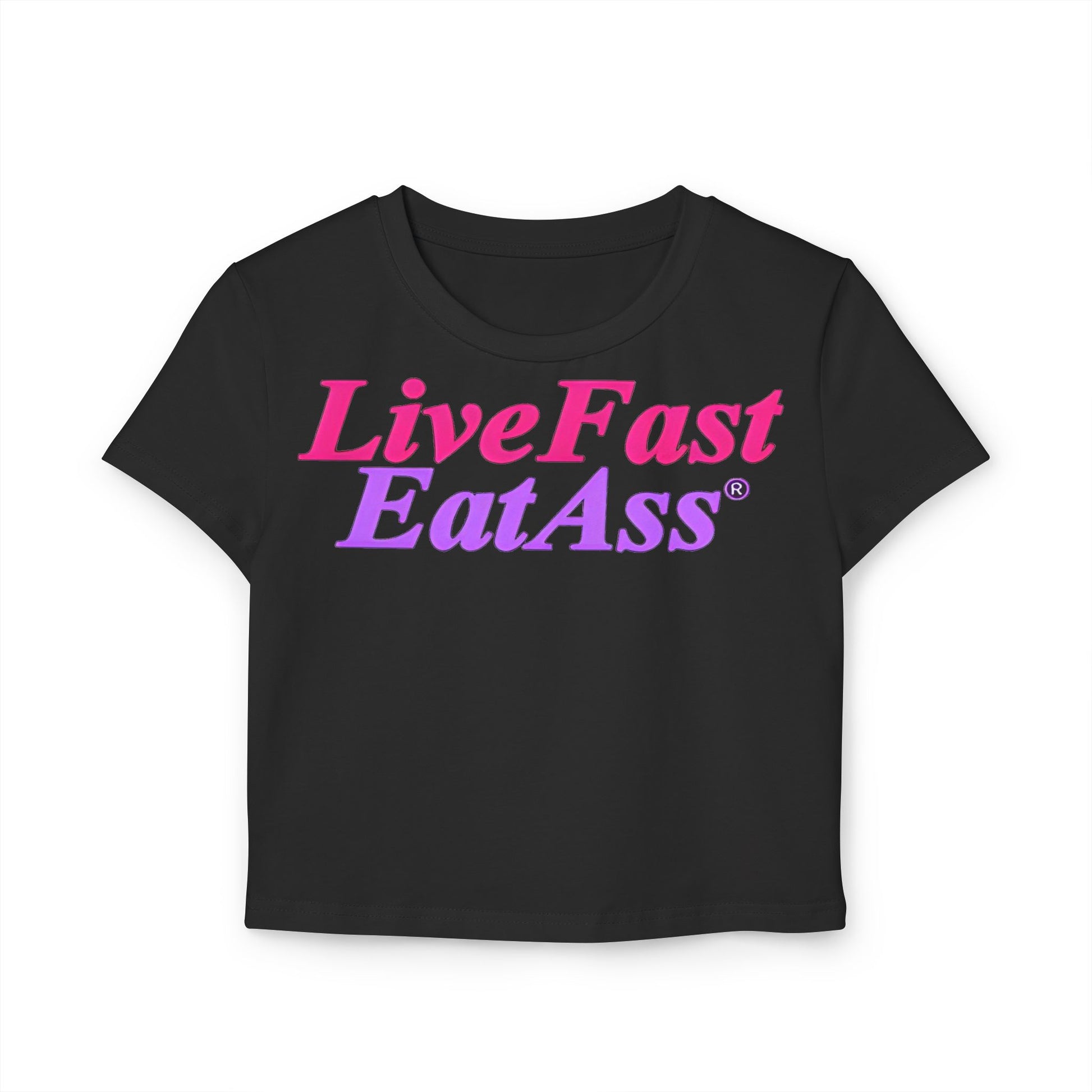 Luxury hot pink and purple cropped t-shirt featuring the bold phrase 'Live Fast EatAss' with a stylish crew neckline, perfect for a playful yet elegant wardrobe.