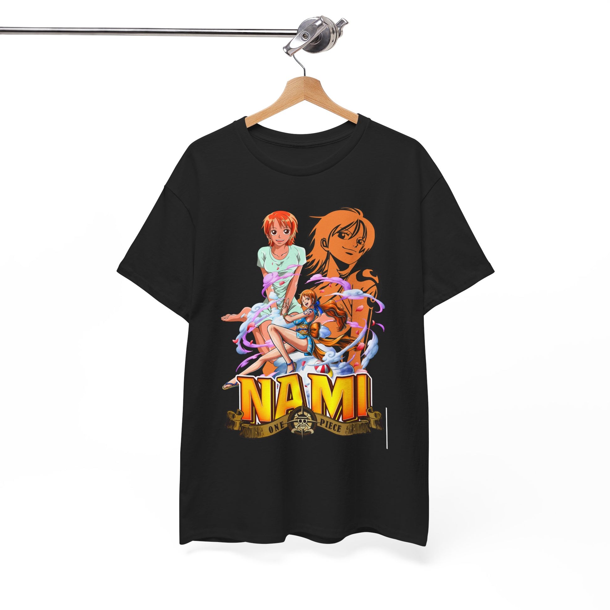 Stylish black men's t-shirt featuring vibrant Nami anime art from One Piece, showcasing an enchanting design with multiple interpretations of the beloved character, perfect for fashion-forward anime enthusiasts.