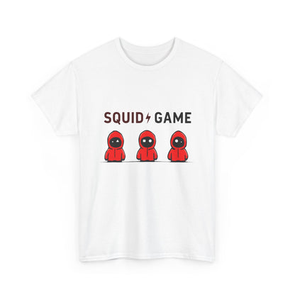 Squid Game Unisex Men's Women's Graphic Cotton Funny T Shirt Tee featuring playful cartoon figures in red hooded garments against a white background, designed for enthusiasts of luxury pop culture fashion.