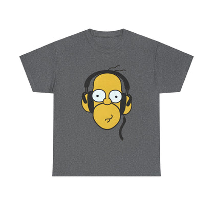 Hear the Hilarity Homer Simpson Headphones Unisex Cotton Tee Graphic T Shirt in dark grey illustrating the iconic Homer Simpson with headphones, designed for those with a sense of humour and fashion.