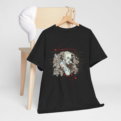 Sophisticated Vintage Baroque Skull T-Shirt positioned on a wooden chair with a cap, showcasing its artistic design, ideal for casual luxury wear.