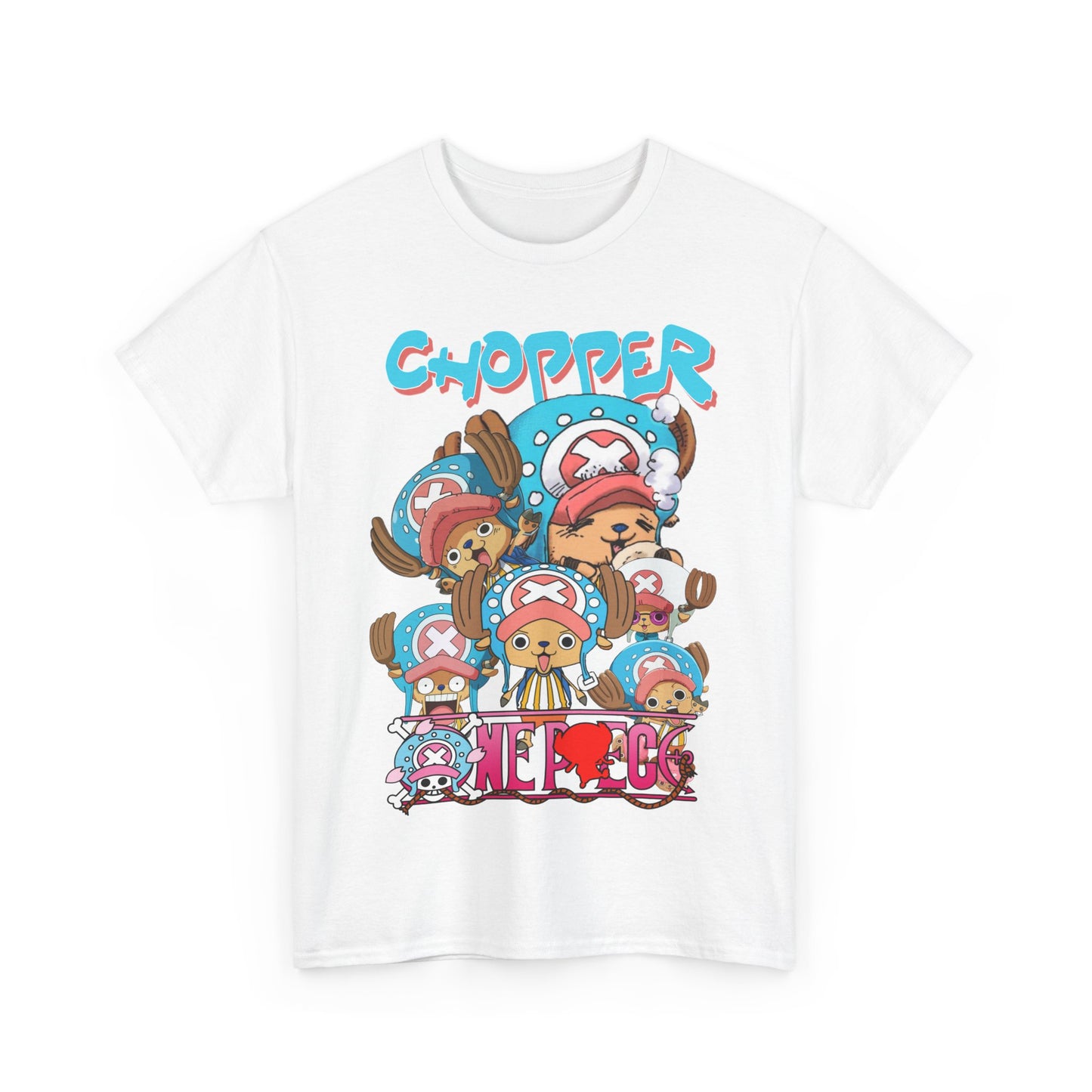 Stylish white t-shirt adorned with delightful Chopper illustrations, exemplifying high-quality anime fashion and vibrant colours.