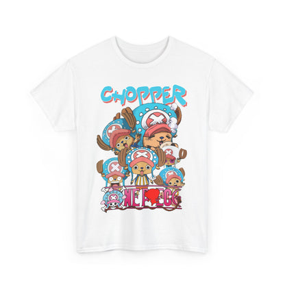 Stylish white t-shirt adorned with delightful Chopper illustrations, exemplifying high-quality anime fashion and vibrant colours.