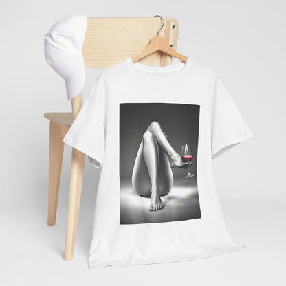 Chic graphic cotton t-shirt styled with a cap, featuring a serene design of crossed legs and a wine glass, perfect for a sophisticated casual look.