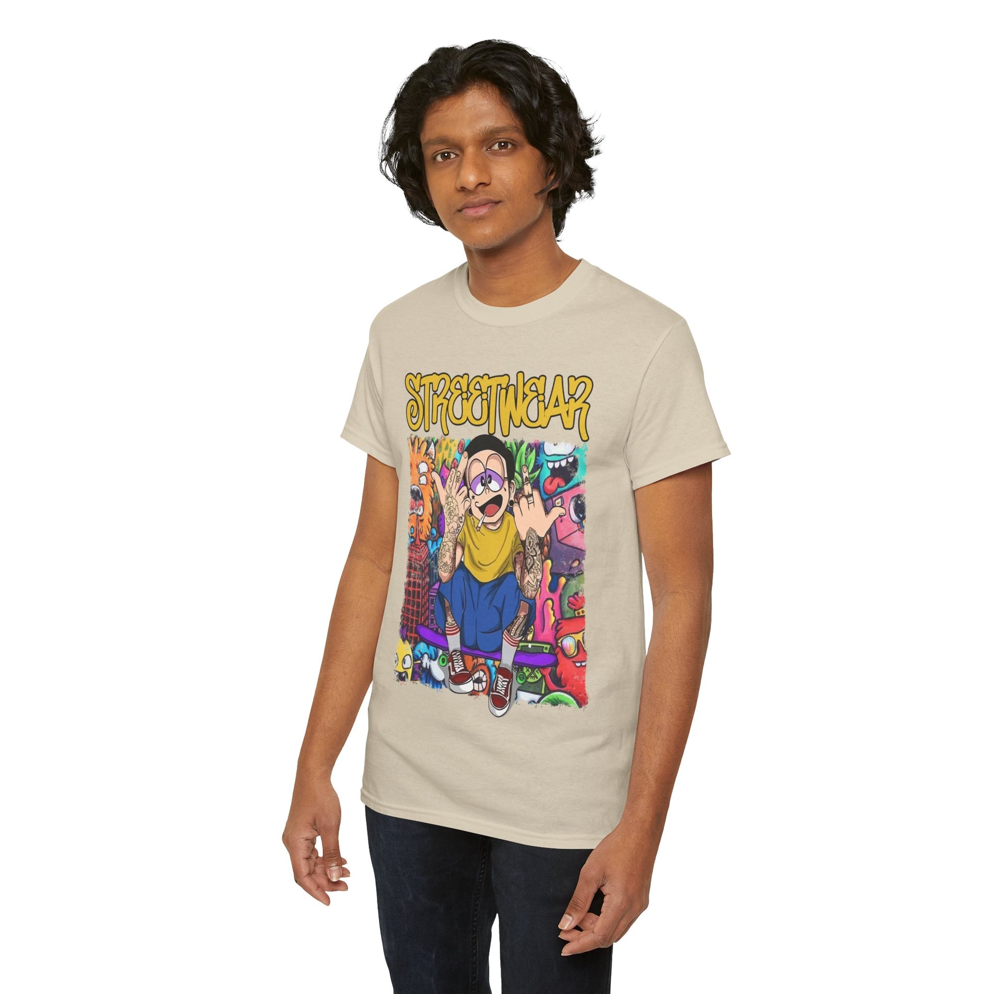 Stylish young man wearing a bold cartoon streetwear t-shirt, featuring vibrant graphics and the word 'STREETWEAR', perfect for fashion-forward individuals.