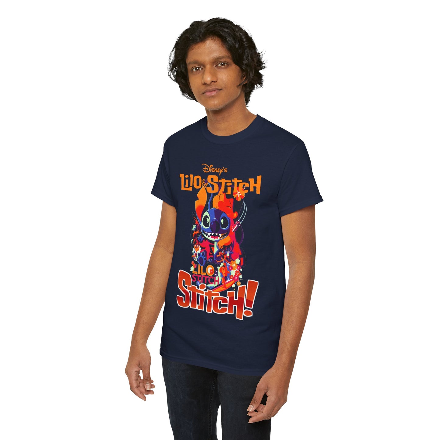 Stylish male model in a Lilo & Stitch graphic t-shirt featuring dynamic, colourful prints that celebrate Disney's iconic characters.
