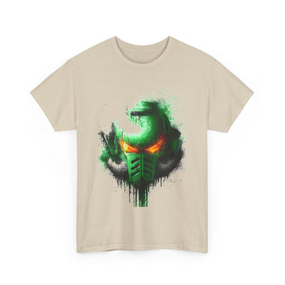 Elegant beige t-shirt adorned with a bold green and black helmet illustration, featuring captivating orange eyes and intricate textures, perfect for adding a unique statement to any wardrobe.