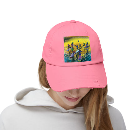 Model wearing the Unisex Distressed Paddleboarders Cap with Fantasy Scene, radiating style and charm, ideal for outdoor adventures.