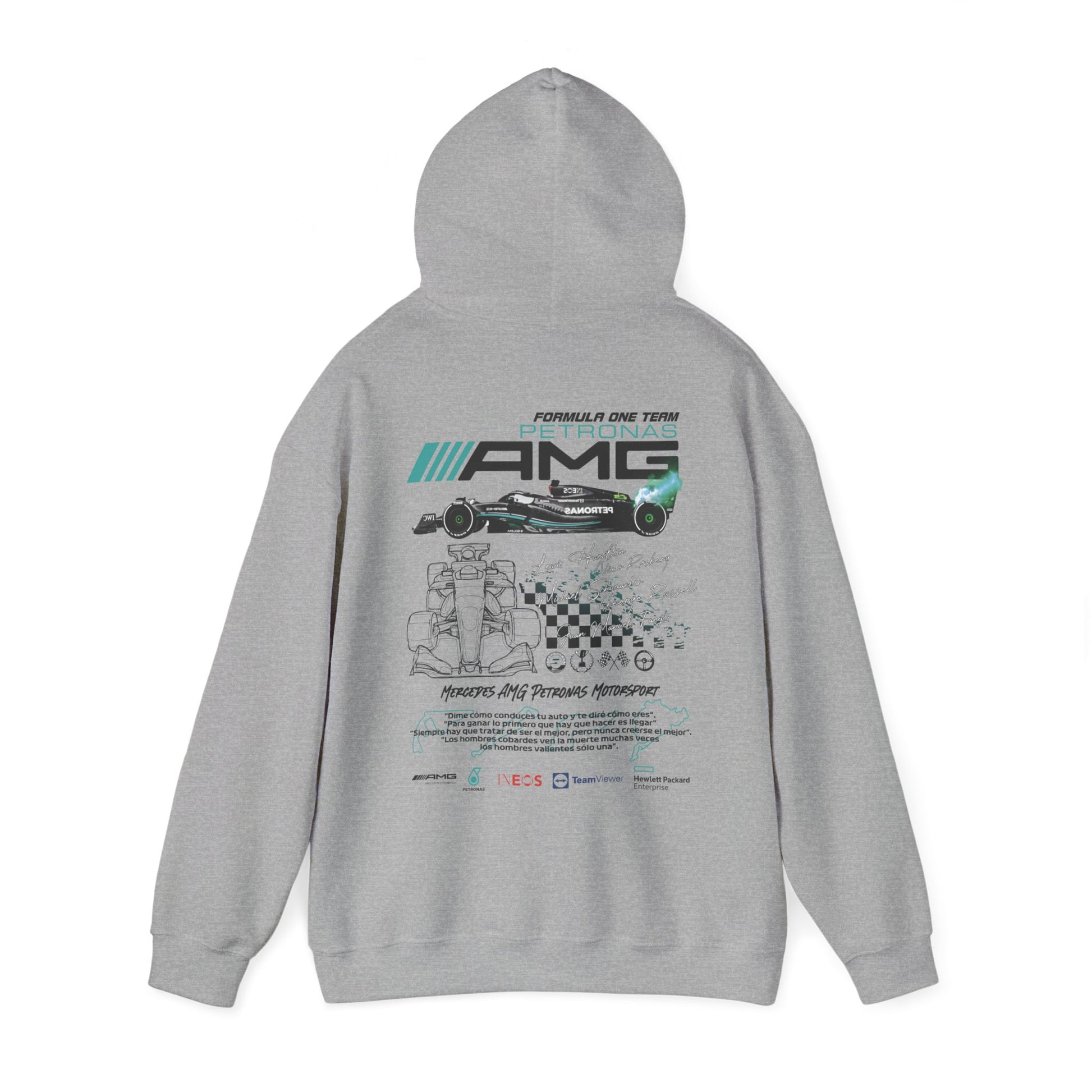 Elegant grey hoodie showcasing a detailed back print of the Mercedes AMG Petronas F1 racing team design, perfect for a sophisticated look.
