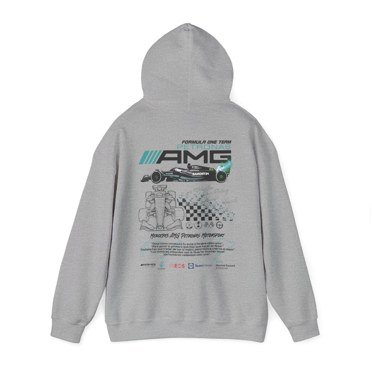 Elegant grey hoodie with a striking back print representing the Mercedes AMG Petronas F1 Racing Team, including detailed graphics of a race car and team logos.