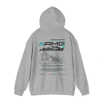 Elegant grey hoodie with a striking back print representing the Mercedes AMG Petronas F1 Racing Team, including detailed graphics of a race car and team logos.