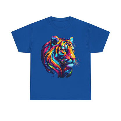 Tiger's Whimsy Graphic Unisex T-Shirt in royal blue showcasing a vibrant artisan design with intricate tiger artwork, displaying multicoloured artistry.