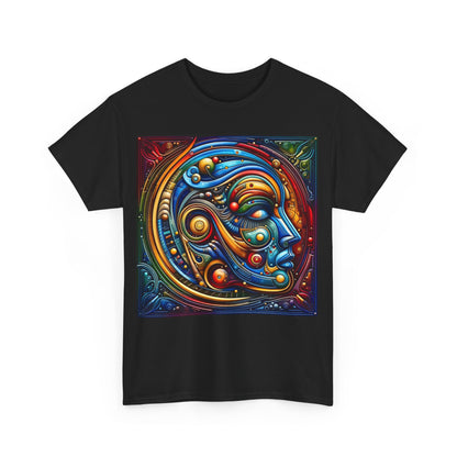 Stained Glass Dreams Unisex T-Shirt in black featuring a vibrant abstract face design, harmoniously blending vivid colours with intricate details for a luxurious and unique statement piece.