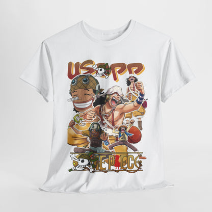 Luxurious white anime manga t-shirt featuring a vibrant collage of beloved characters, showcasing Usopp and others from the popular series, perfect for trendy wardrobes.
