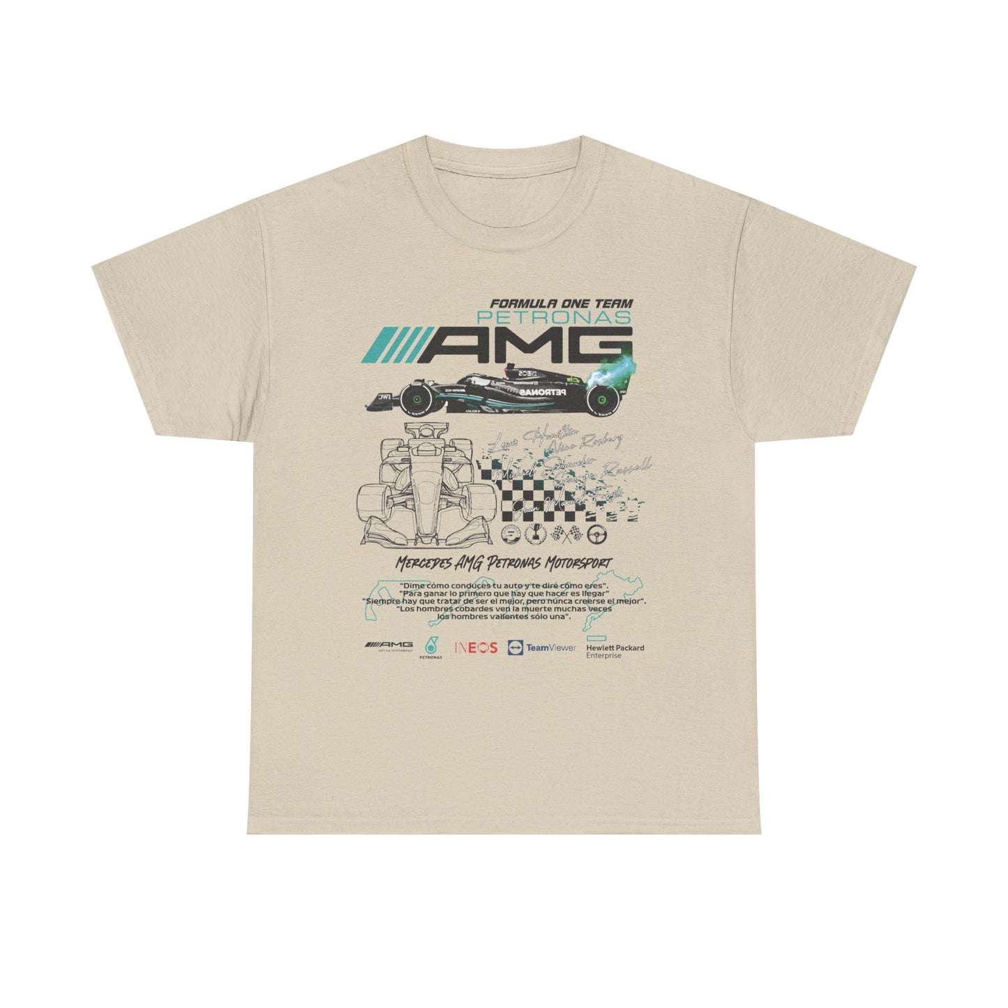 Men's premium beige F1 Mercedes AMG Petronas T-Shirt featuring bold race car imagery and distinguished sponsorship logos, perfect for stylish fans.