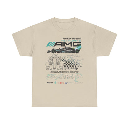 Men's premium beige F1 Mercedes AMG Petronas T-Shirt featuring bold race car imagery and distinguished sponsorship logos, perfect for stylish fans.