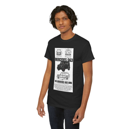 Stylish Unisex Men's T-Shirt with a technical drawing of the Mercedes-AMG G63 design, modelled by a man in a fashionable pose, embodying luxury automotive culture.