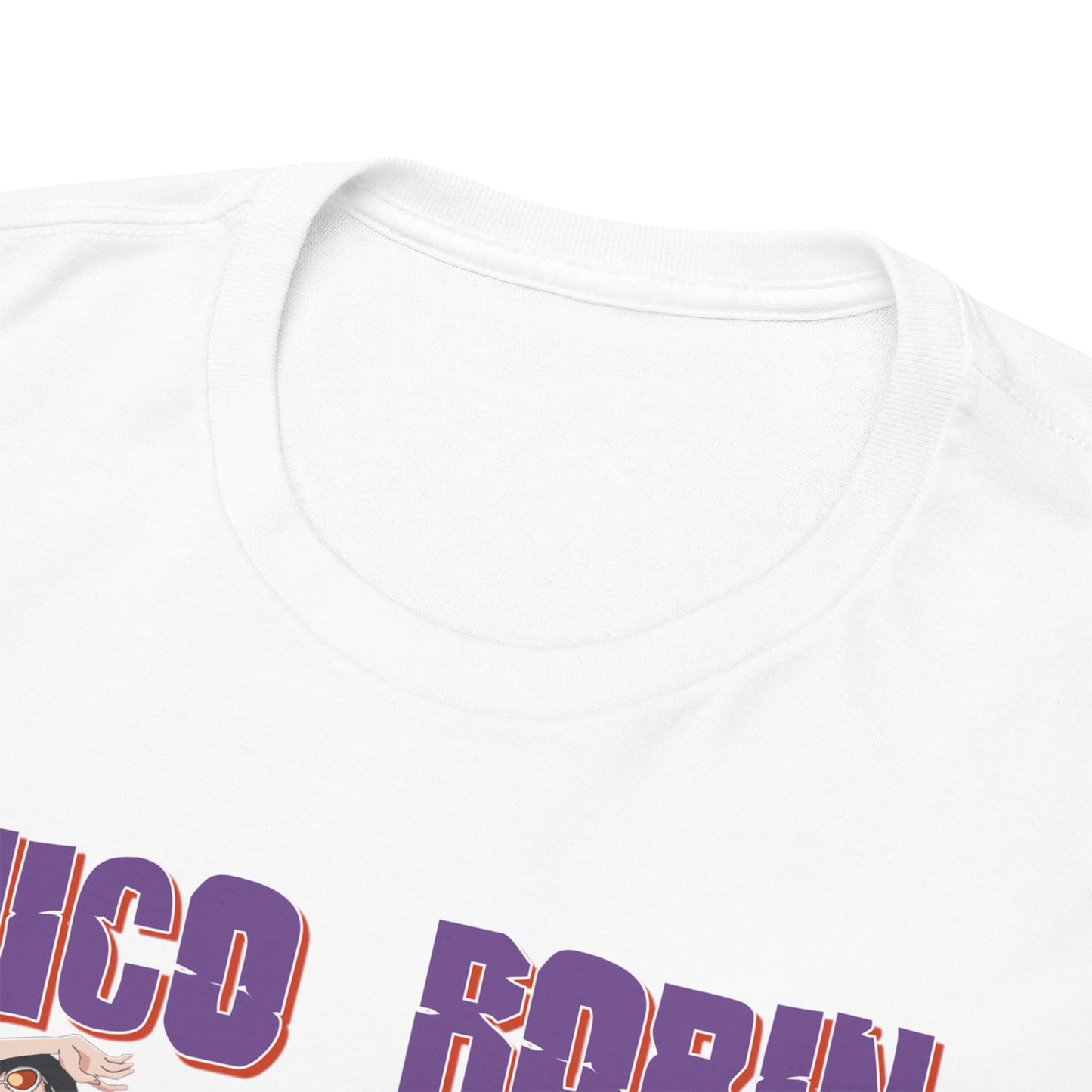 Close-up view of a white t-shirt collar, showcasing high-quality fabric with vibrant anime-themed print of Nico Robin, exemplifying luxury and style.