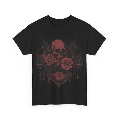 Front view of the stunning black Skulls and Roses Cotton Tee, featuring detailed steampunk-inspired artwork, ideal for those who appreciate uniqueness.