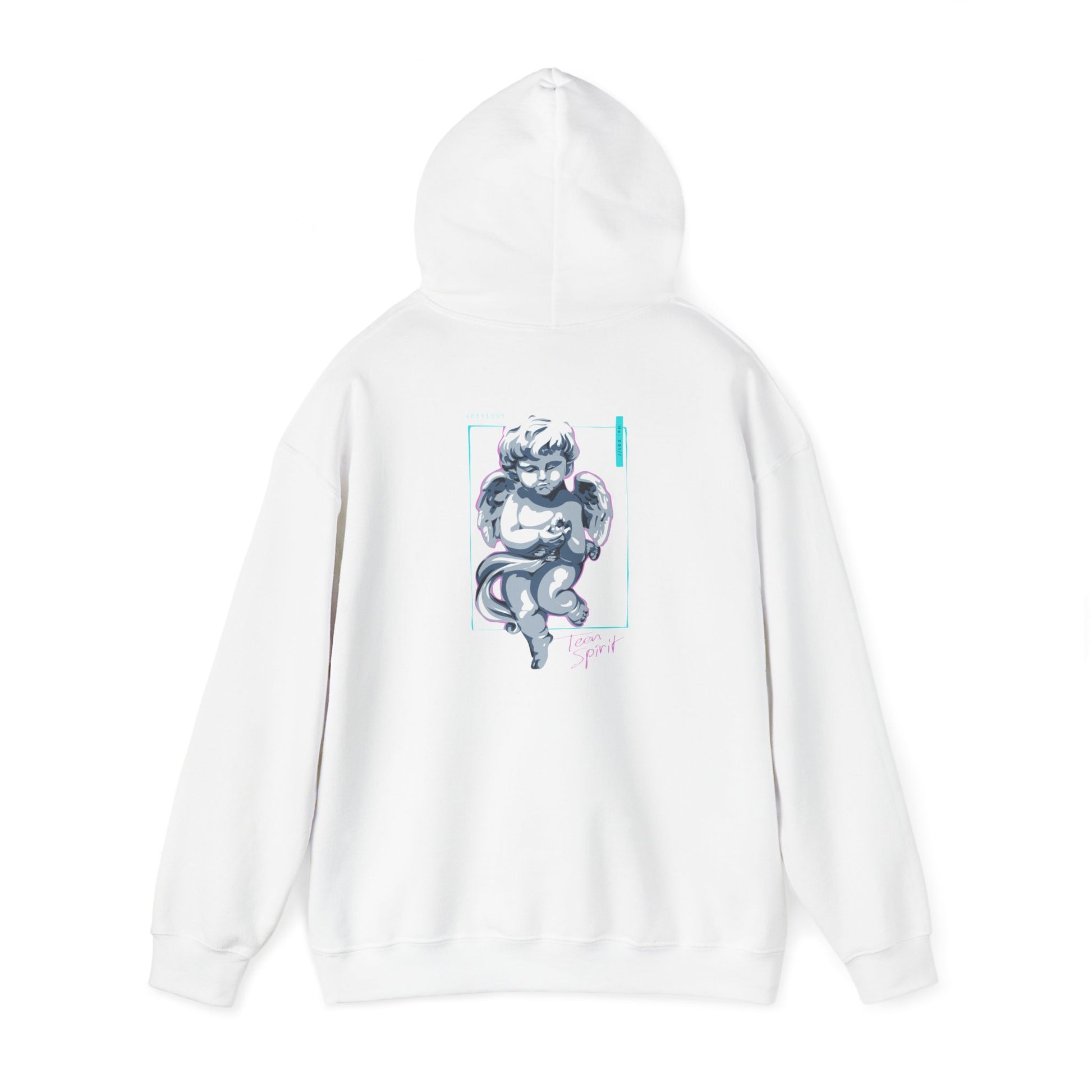 Artistic white hoodie highlighting a unique cherubic angel graphic on the back, merging comfort with enchanting design.