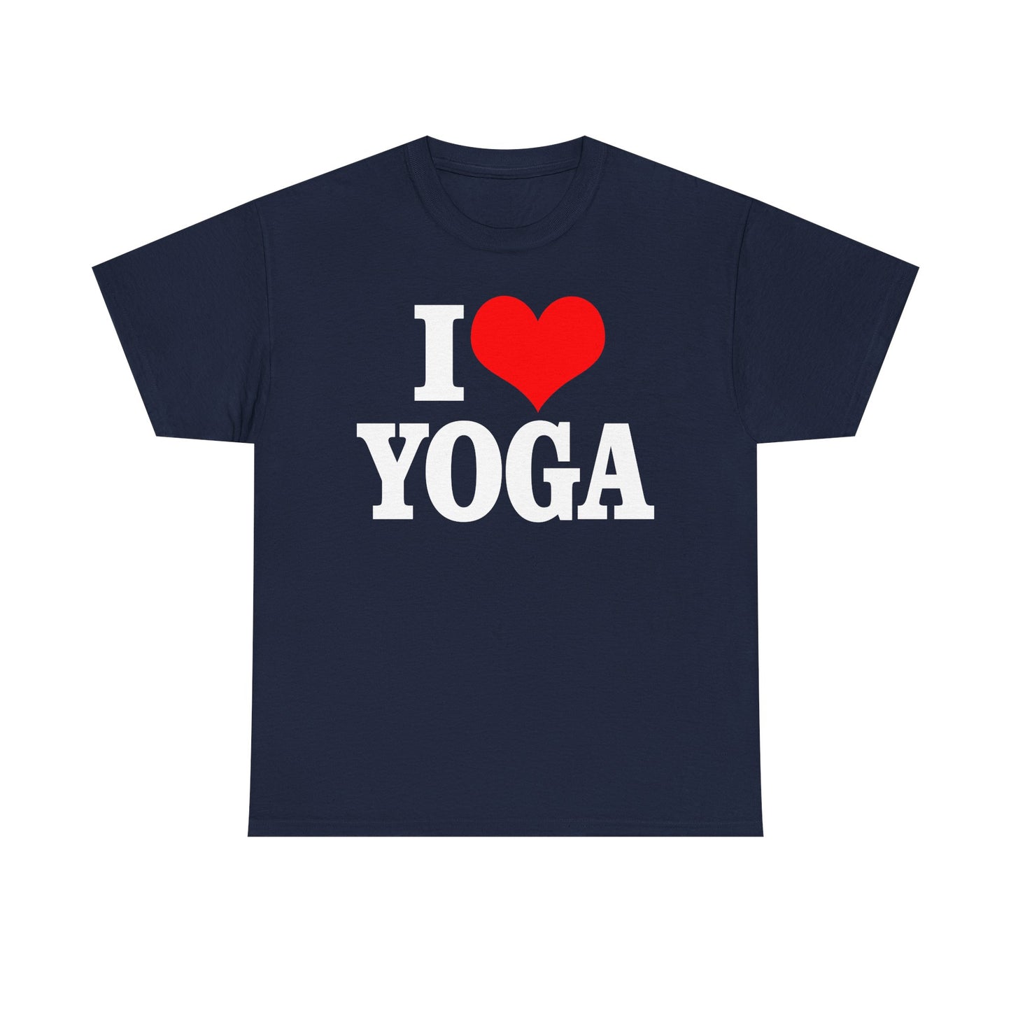 Elegant navy blue women's t-shirt featuring a bold 'I ❤️ YOGA' graphic design, showcasing a passion for yoga and wellness.