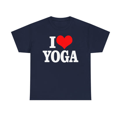 Elegant navy blue women's t-shirt featuring a bold 'I ❤️ YOGA' graphic design, showcasing a passion for yoga and wellness.