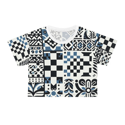 Elegant Lorelei Beaumont Trendy Crop Top showcasing a modern checkerboard and floral design in black and blue on a pristine white background, made from luxurious 100% silky-soft polyester.