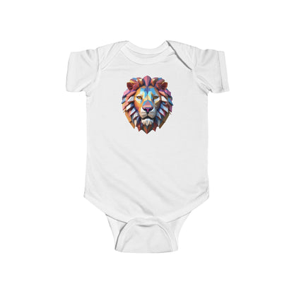 Elegant white Cute Lion Bodysuit showcasing a vibrant geometric lion design, perfect for discerning parents and their infants.