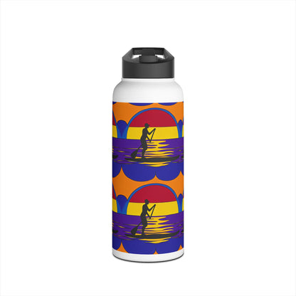 Fantasy Paddleboarding Stainless Steel Water Bottle showcasing a vibrant design featuring a paddleboarder against a sunset backdrop. Perfect for outdoor adventures.