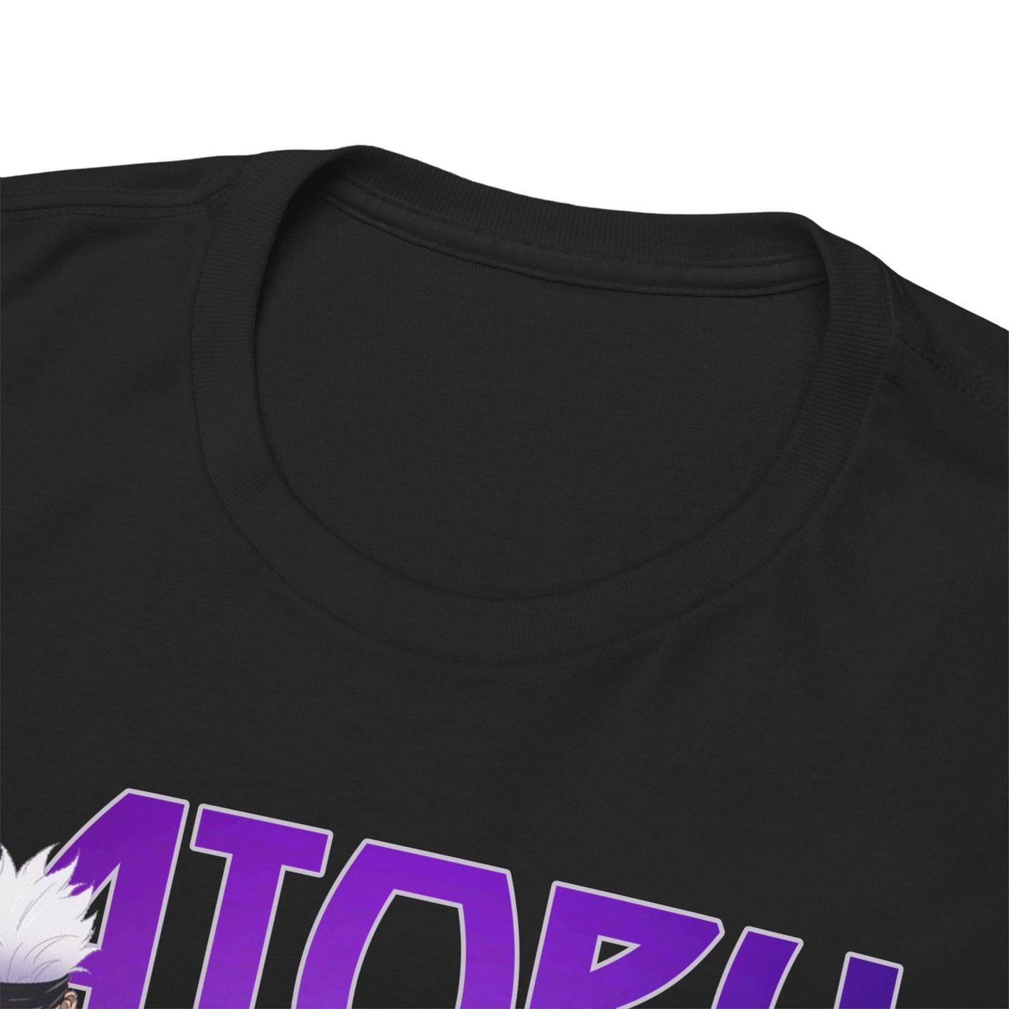 Close-up view of the luxurious neckline of the Gojo Satoru T-shirt, highlighting premium fabric and intricate details in the Jujutsu Kaisen design.