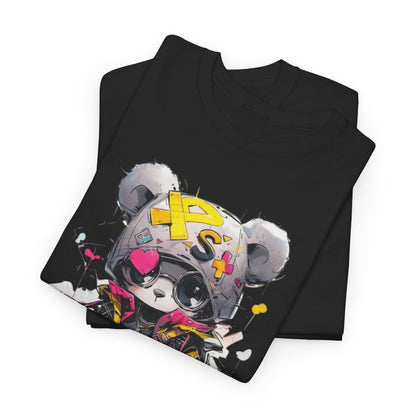 Two black T-shirts stacked, showcasing the eye-catching cartoon panda design that embodies modern street style with a playful and chic aesthetic.