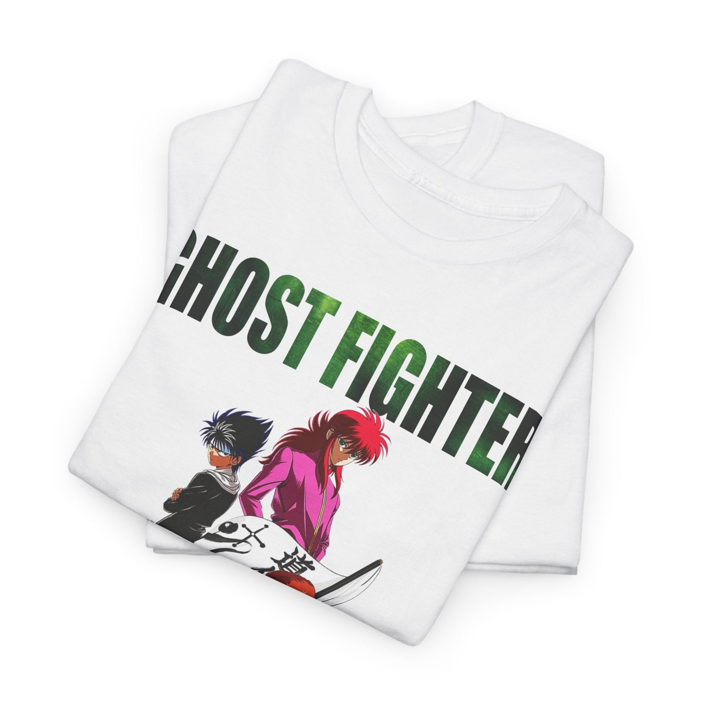 Premium Ghost Fighter graphic t-shirt featuring iconic anime characters, showcasing vibrant artistry and stylish typography against a crisp white fabric.