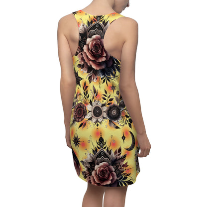 Chic Women's Designer Racerback Dress viewed from the back, capturing the intricate yellow floral design, embodying luxury and summer style.