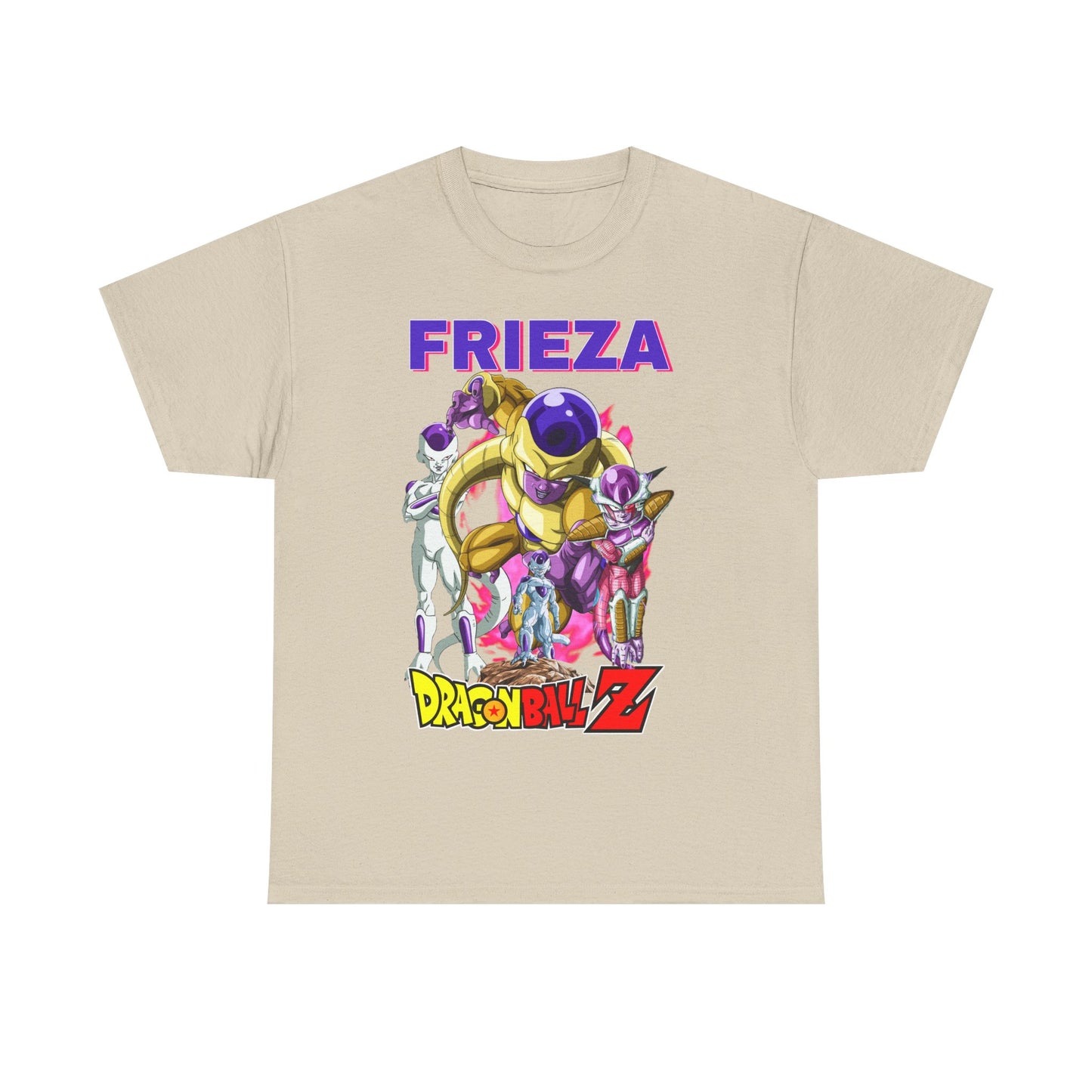 Chic beige Frieza Force T-shirt displaying a captivating design of Frieza and his companions from Dragon Ball Z, featuring the bold text 'FRIEZA' prominently, suitable for discerning anime aficionados.