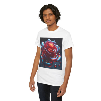 Ethereal Rose Unisex Graphic T-Shirt featuring a stunning close-up of an iridescent floral design, presented in a luxurious soft cotton fabric.