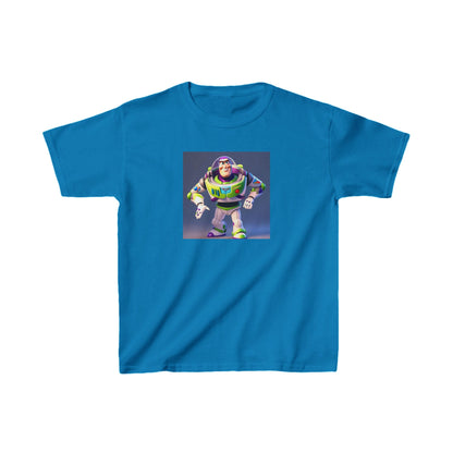 Kids Buzz Lightyear Heavy Cotton Tee in blue, highlighting a dynamic image of Buzz Lightyear, a must-have for young fans.